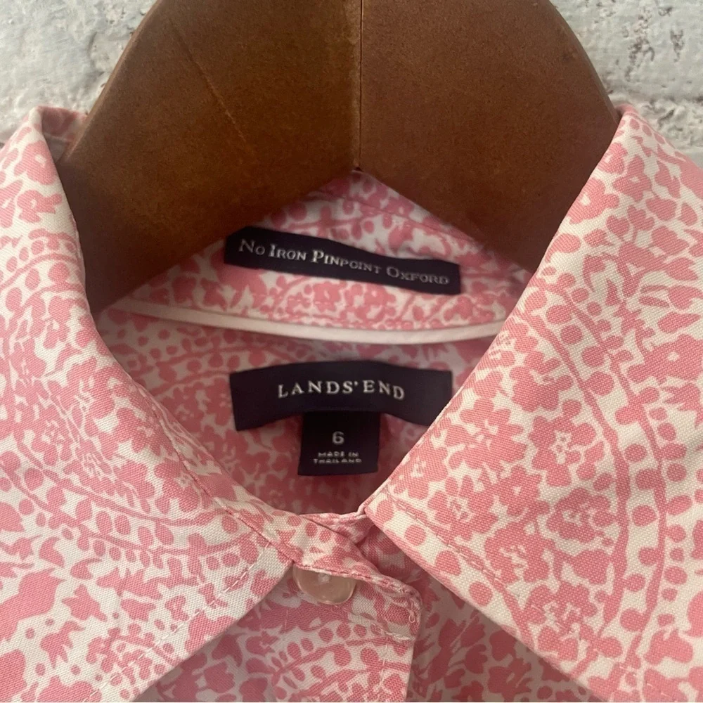 Lands End Pink Print Button Up Shirt Sz 6 - Picture 3 of 5